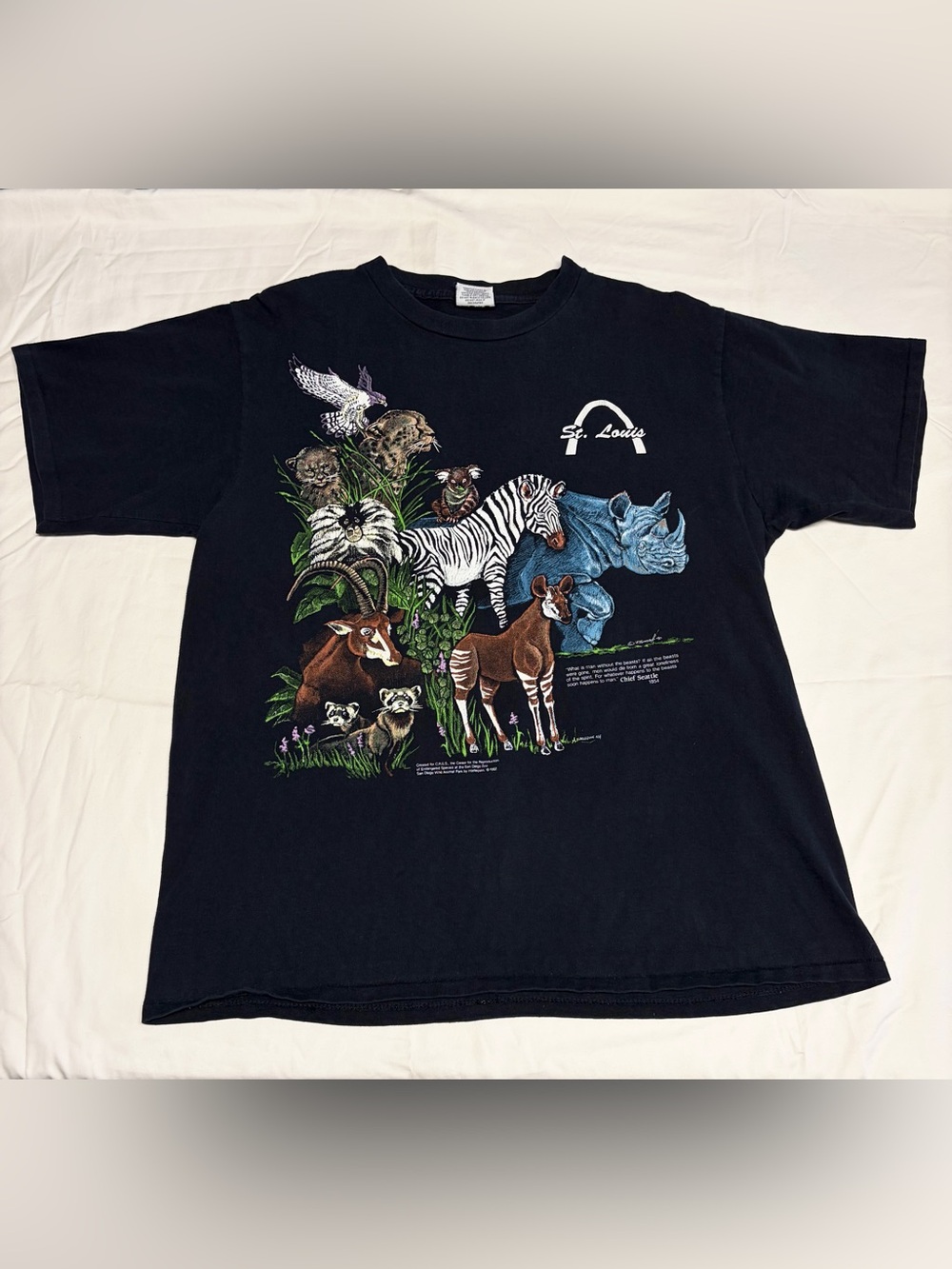 Vintage 1980s Harlequin Black Graphic T-Shirt San Diego Zoo Rare St. Louis Arch